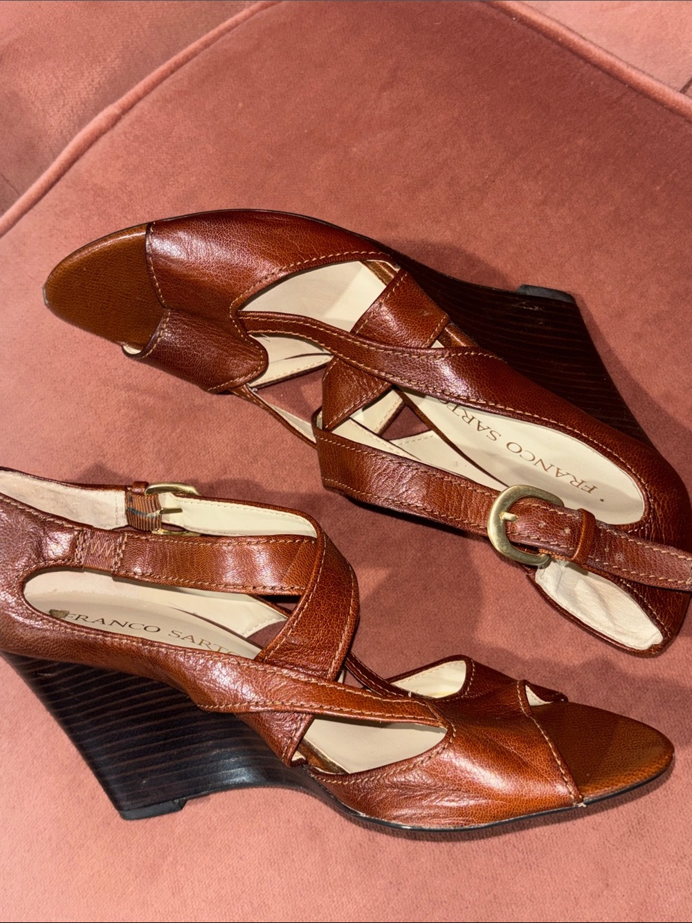 Franco Sarto heels open toe strappy leather wooden narrow wedge women’s 8.5 - Picture 6 of 16